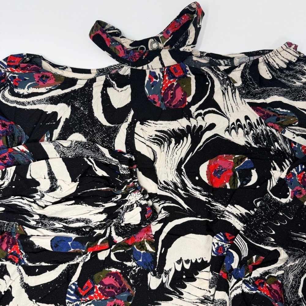 Free‎ People Womens Cold Shoulder Tunic Top Abstract Floral Black Red Small - Picture 2 of 10